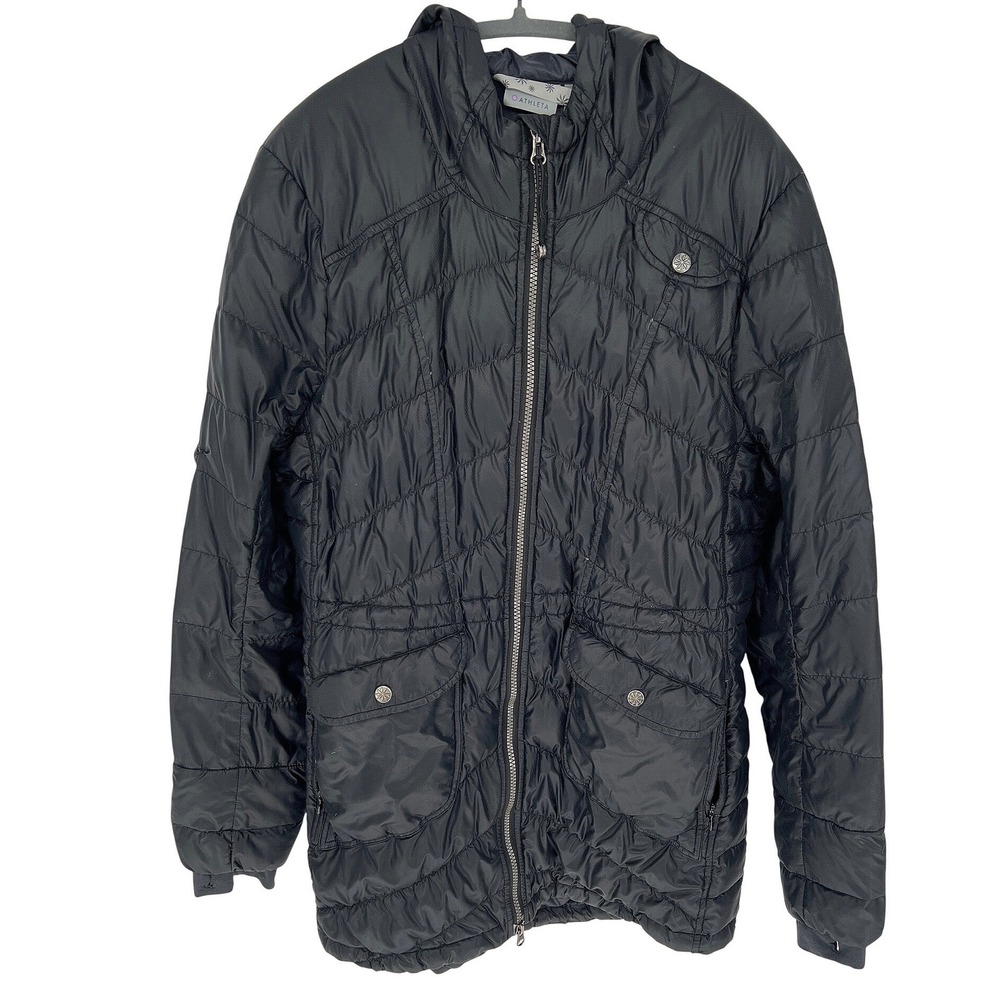 Athleta Goose Down Jacket Black XL‎ Hooded Packable Puffer GUC Mended Hole